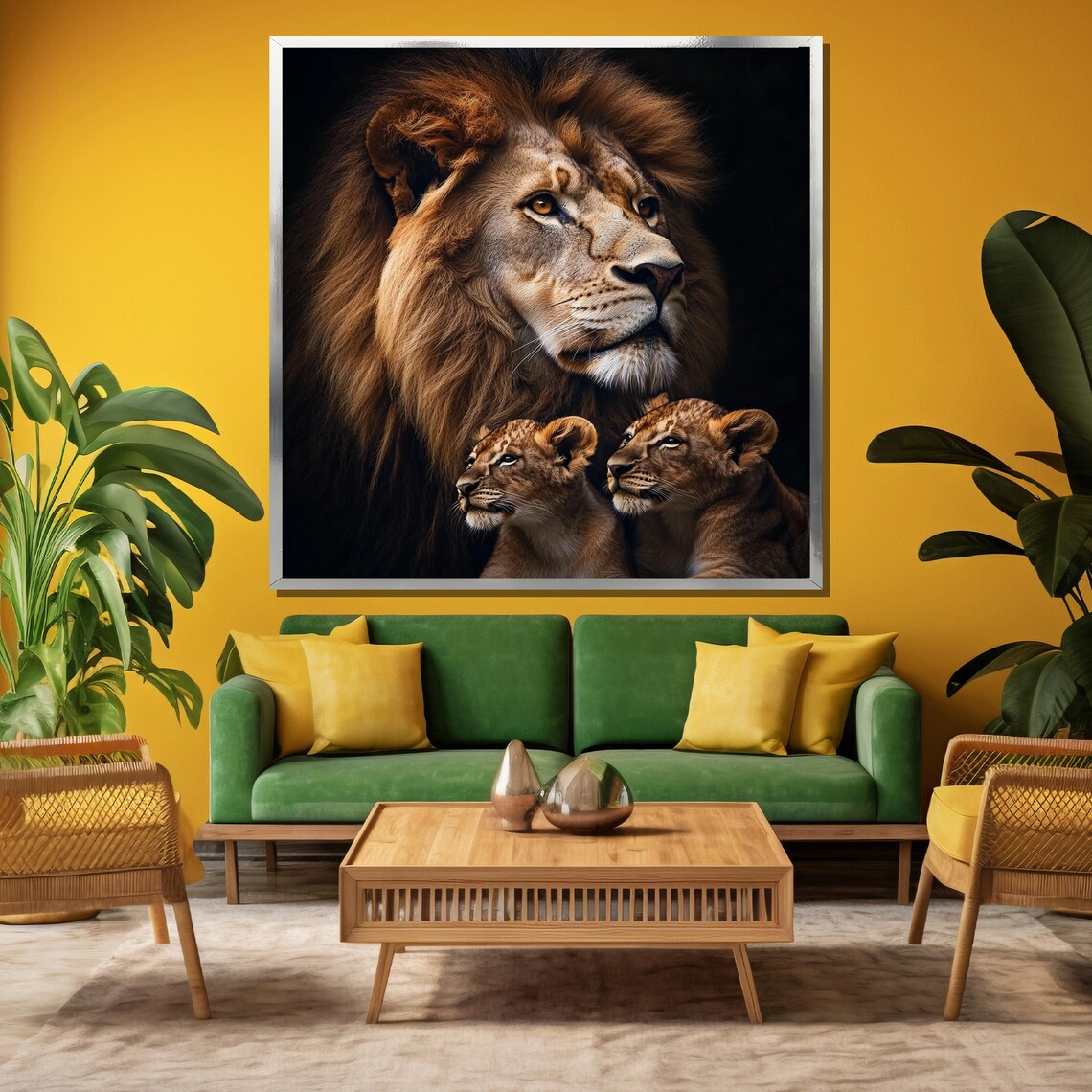 Majestic Lion with Two Cubs in Dark Wildlife Portrait Poster - Image 3
