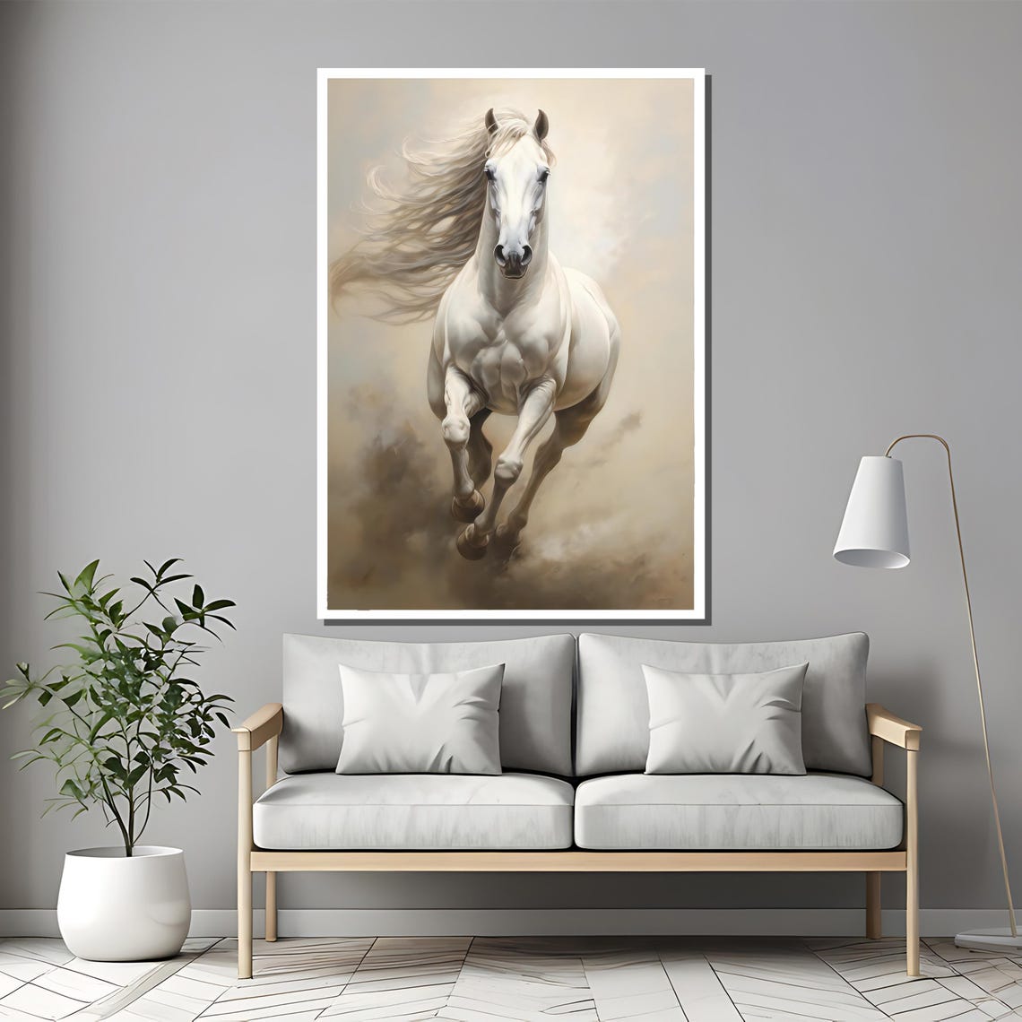 Graceful White Horse Galloping With Flowing Mane In Mist Poster - Image 2