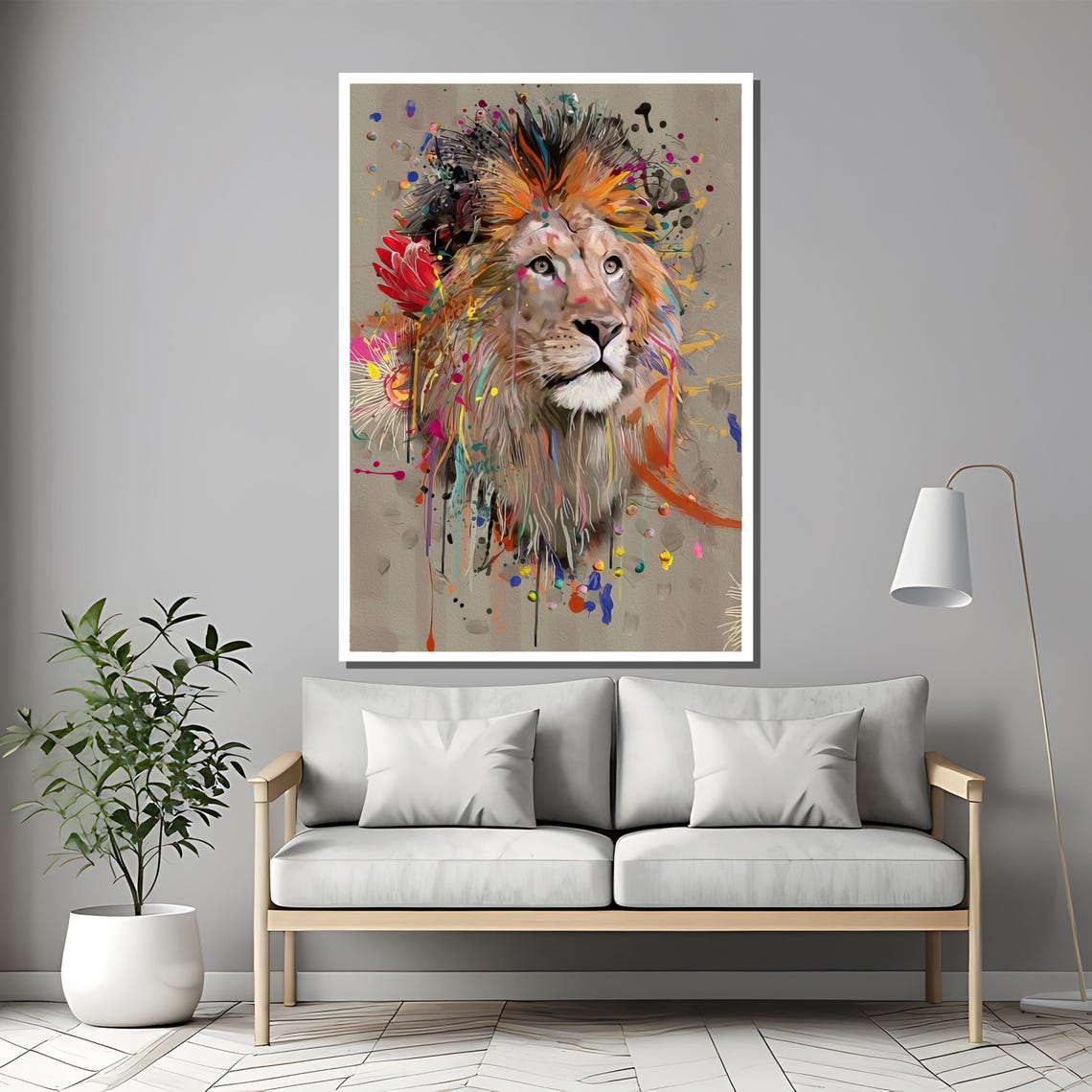 Vibrant Splash Paint Lion Portrait On Neutral Gray Backdrop Poster - Image 2