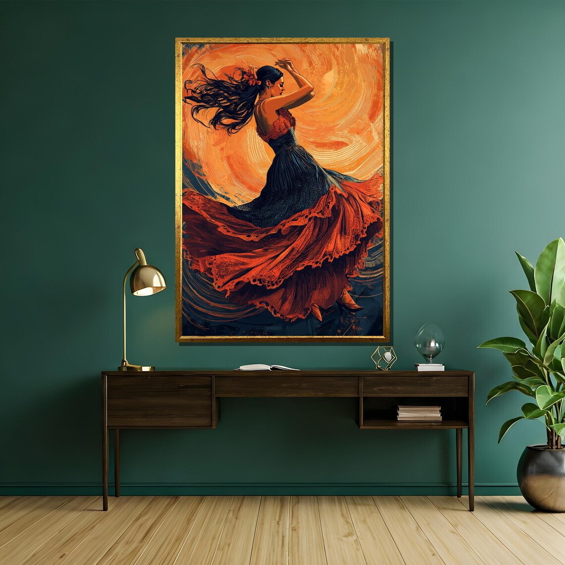Flamenco Dancer Fiery Orange Swirl Spinning Red Gown Art Poster - Image 5