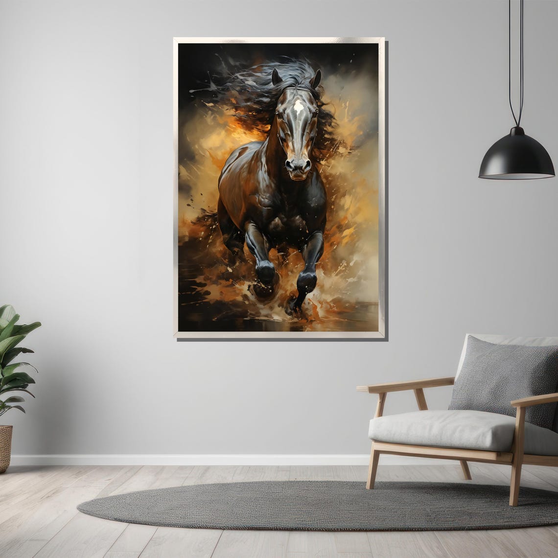 Black Stallion Running Through Fiery Golden Light Art Wall Poster - Image 3