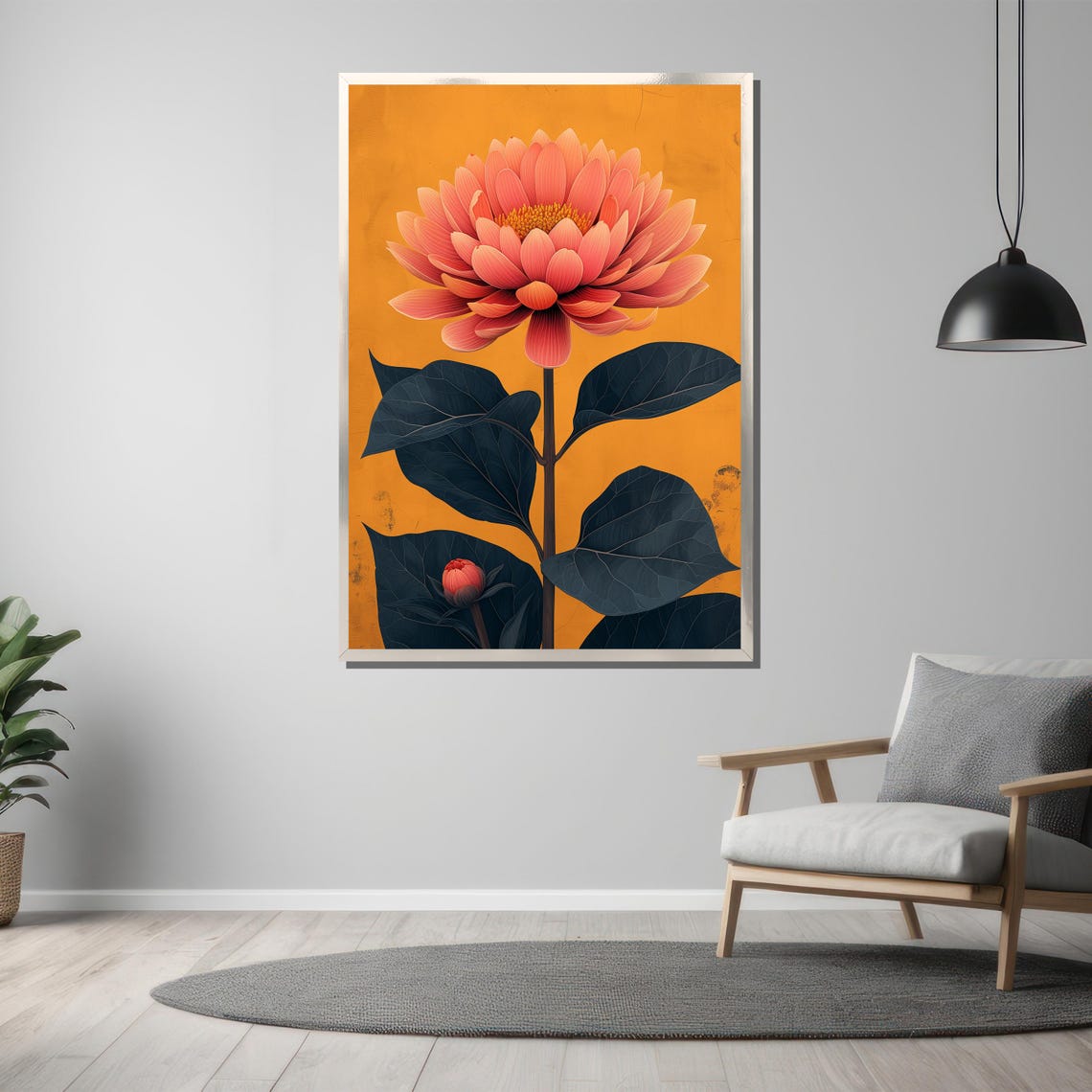 Coral Bloom with Dark Leaves on an Orange Botanical Art Poster - Image 3