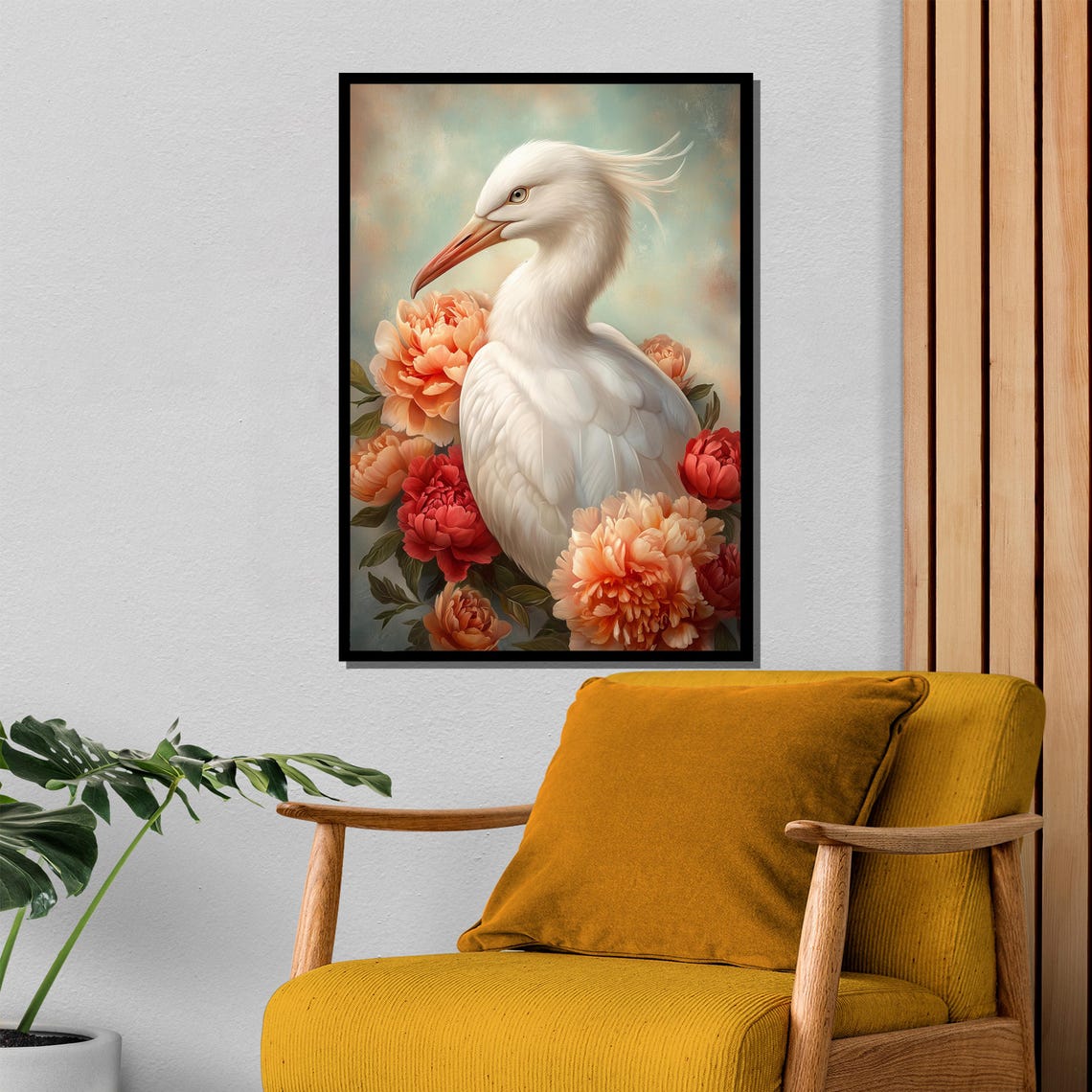 Soft Splendor White Egret Nestled Among Coral Peonies Art Poster - Image 4