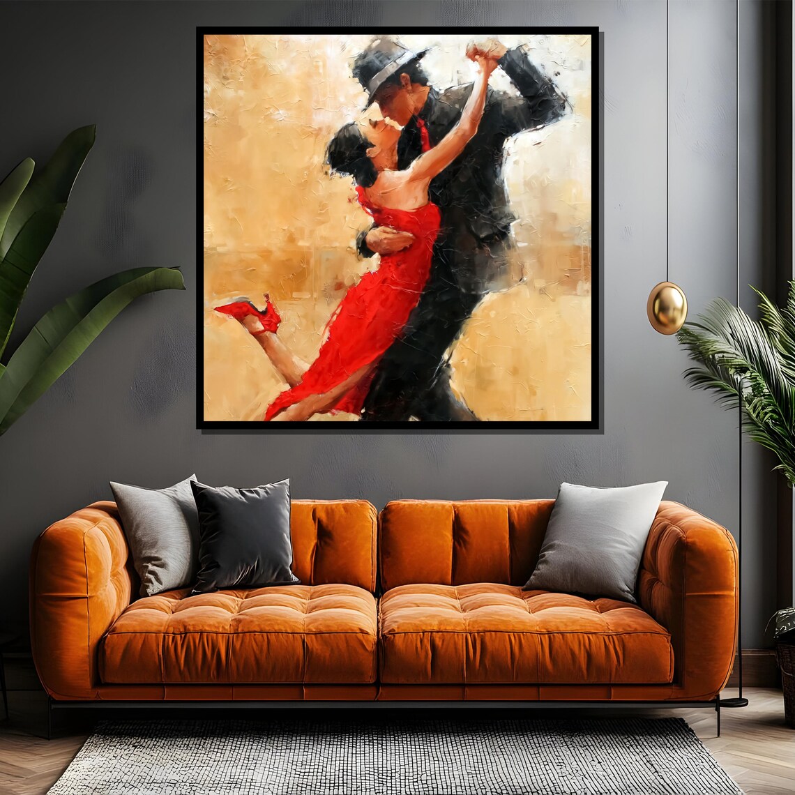 Passionate Tango Couple Red Dress Golden Glow Oil Art Poster - Image 4