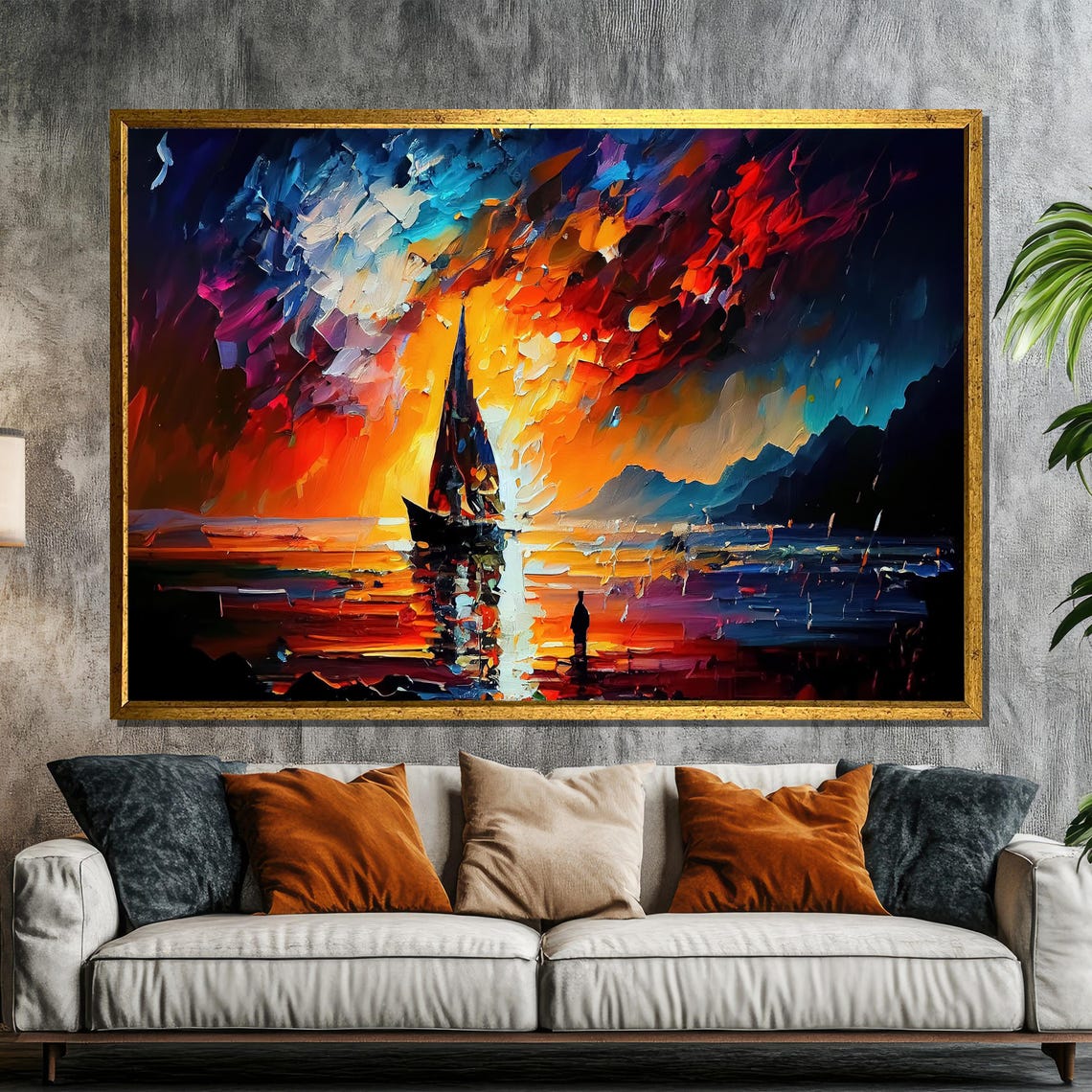 Lone Sailboat Under Fiery Red Impasto Sky Dramatic Seascape Poster