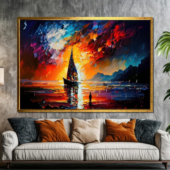 Vibrant Sailboat At Sunset Painting Bold Colorful Seascape Art Gift For Living Room Decor With Dramatic Sky Reflections