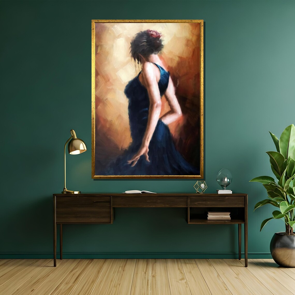 Woman In Navy Dress Warm Orange Abstract Elegant Romantic Art Poster - Image 5