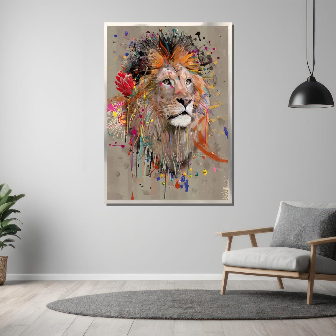 Vibrant Splash Paint Lion Portrait On Neutral Gray Backdrop Poster - Image 3