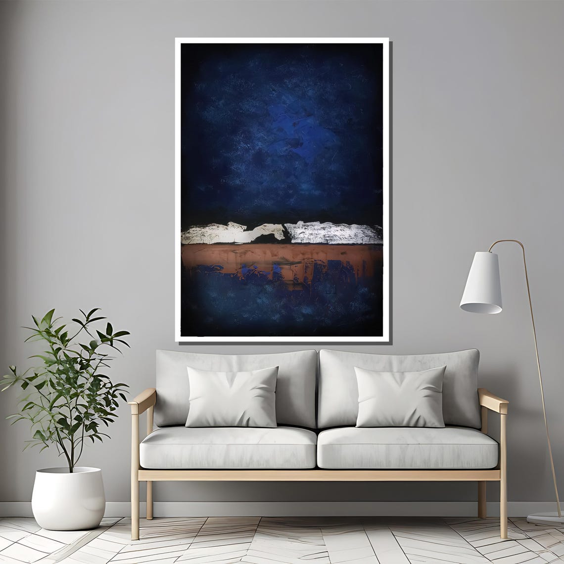 Deep Blue Abstract White Horizon Earth Tone Modern Art Poster - Image 2