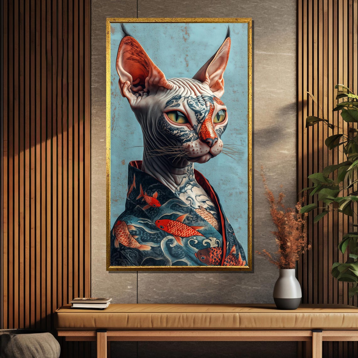 Inked Elegance Tattooed Sphynx Cat in Koi Fish Kimono Art Poster - Image 5