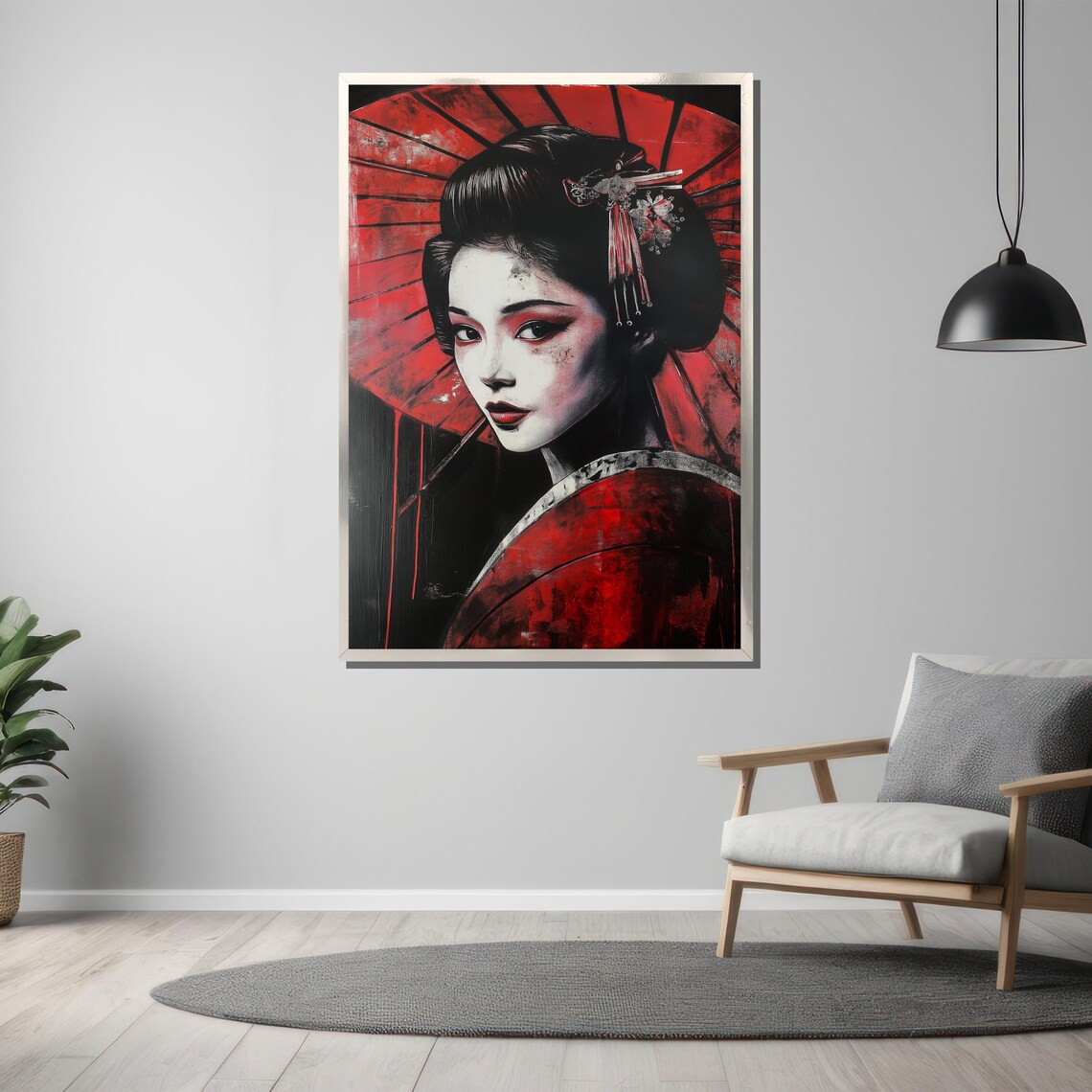 Red Geisha Portrait With Red Parasol Bold Japanese Elegant Art Poster - Image 3