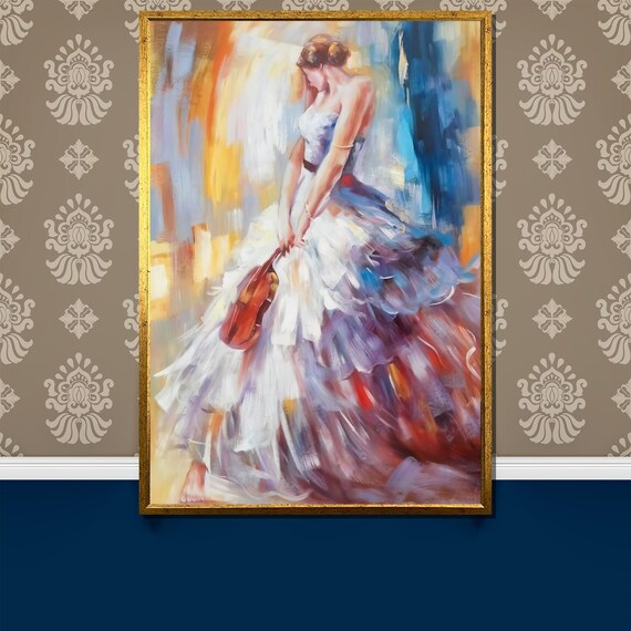 Woman in Flowing White Dress Holding Violin Colorful Music Art Poster