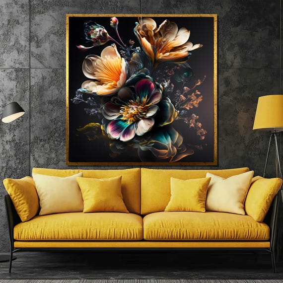 Abstract Floral Explosion Painting Bold Colorful Flowers On Black Background Artistic Wall Art Gift For Modern Interior Decor
