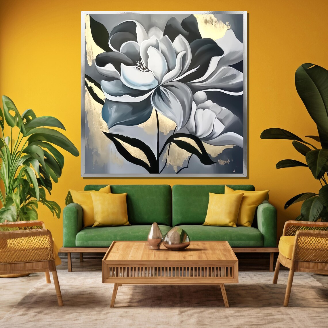 Monochrome Floral Bloom with Striking Gold Accents Art Poster - Image 3