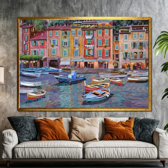 Charming Harbor Boats Painting Colorful Coastal Village Scene Gift For Mediterranean Inspired Wall Decor Nautical Art Lovers