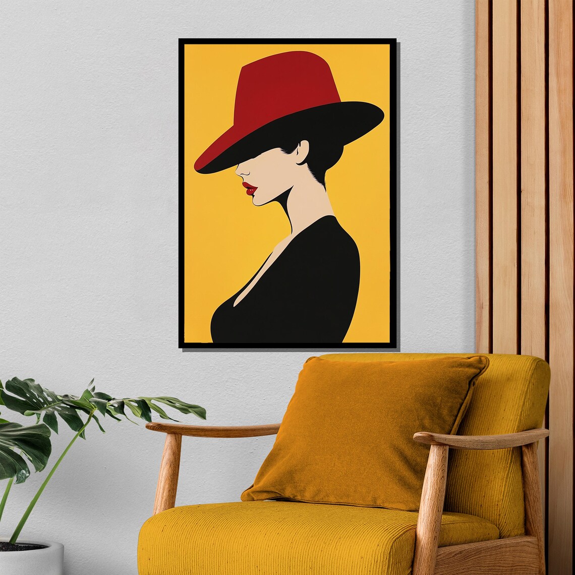 Minimalist Woman in Red Hat Profile Portrait on Mustard Poster - Image 4