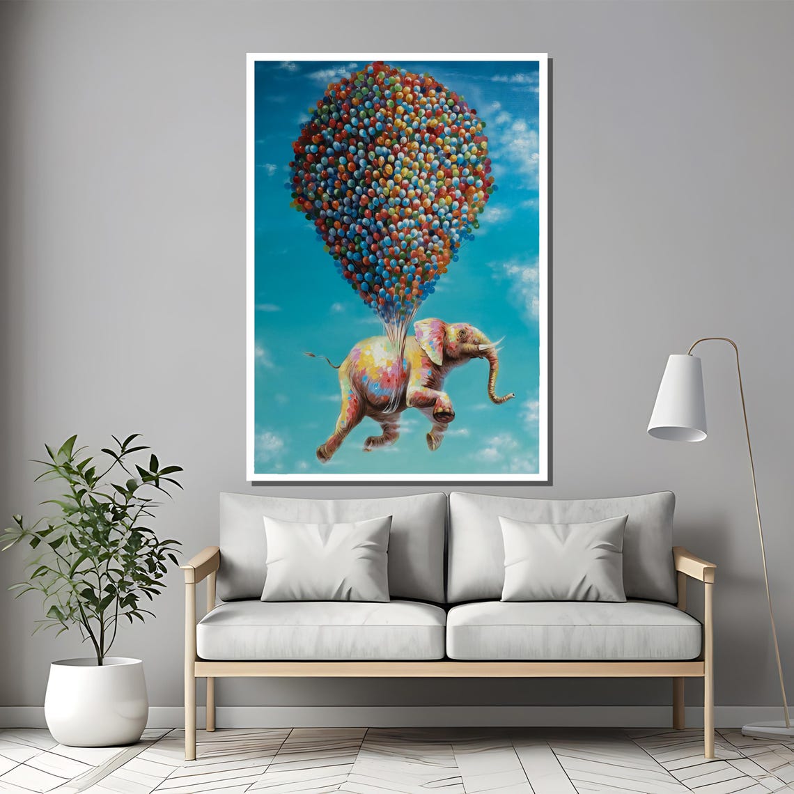 Joyful Rainbow Elephant Floating Away With Colorful Balloons Poster - Image 2