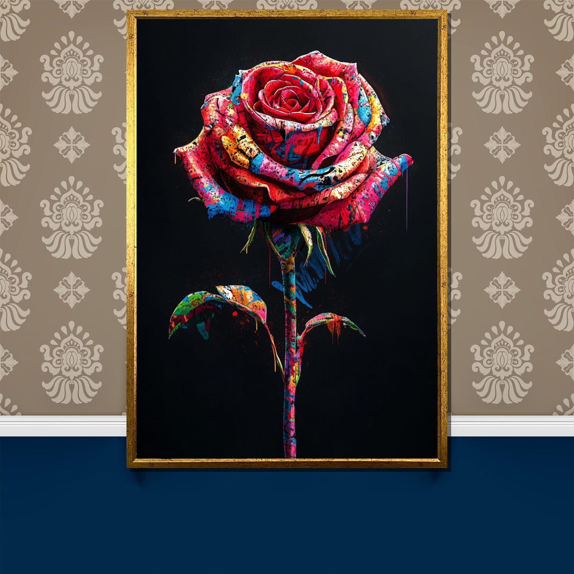Graffiti Style Rose Multicolor Street Art Black Background Poster