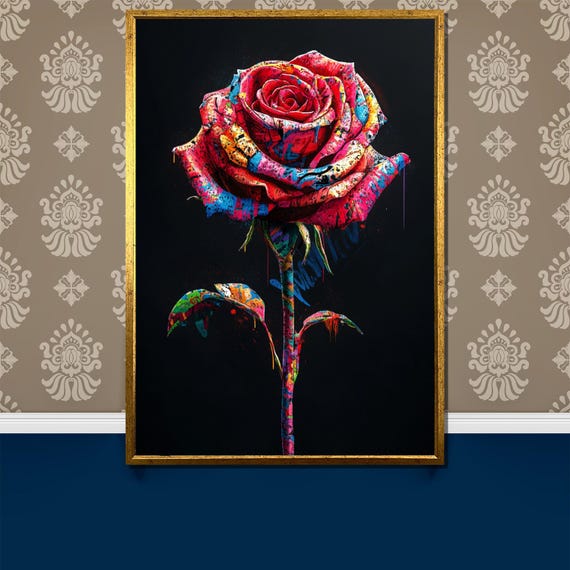 Graffiti Rose Painting Gift Bold Colorful Flower Art Modern Floral Street Art Vibrant Bloom Wall Decor Urban Painting