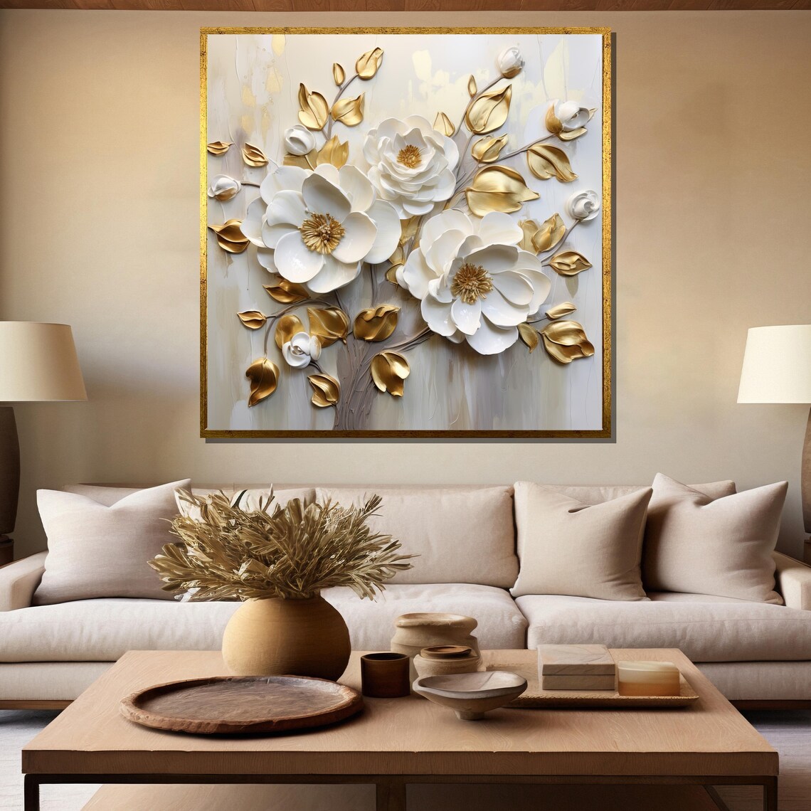 White 3D Flowers With Golden Leaves Luxury Floral Art Poster - Image 5