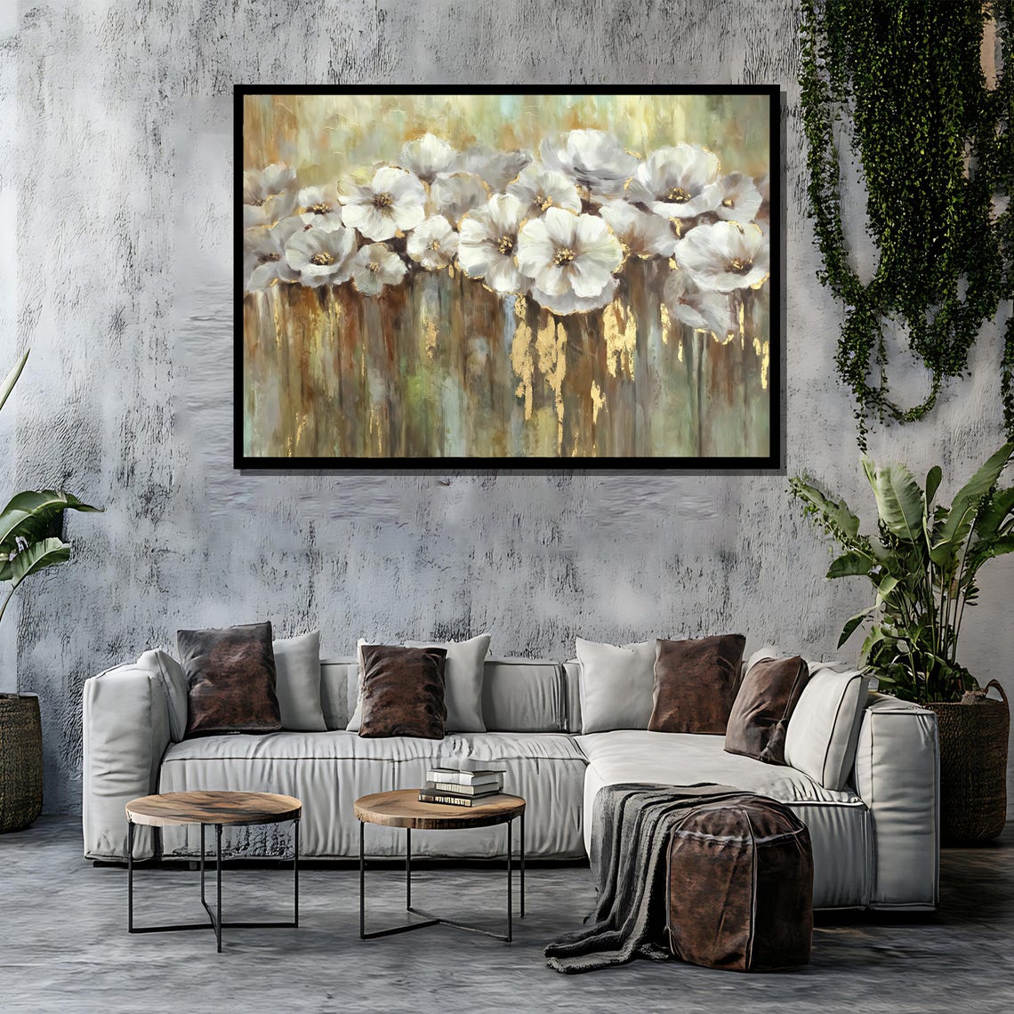 White Flowers With Gold Accents Abstract Green Gold Art Poster - Image 4