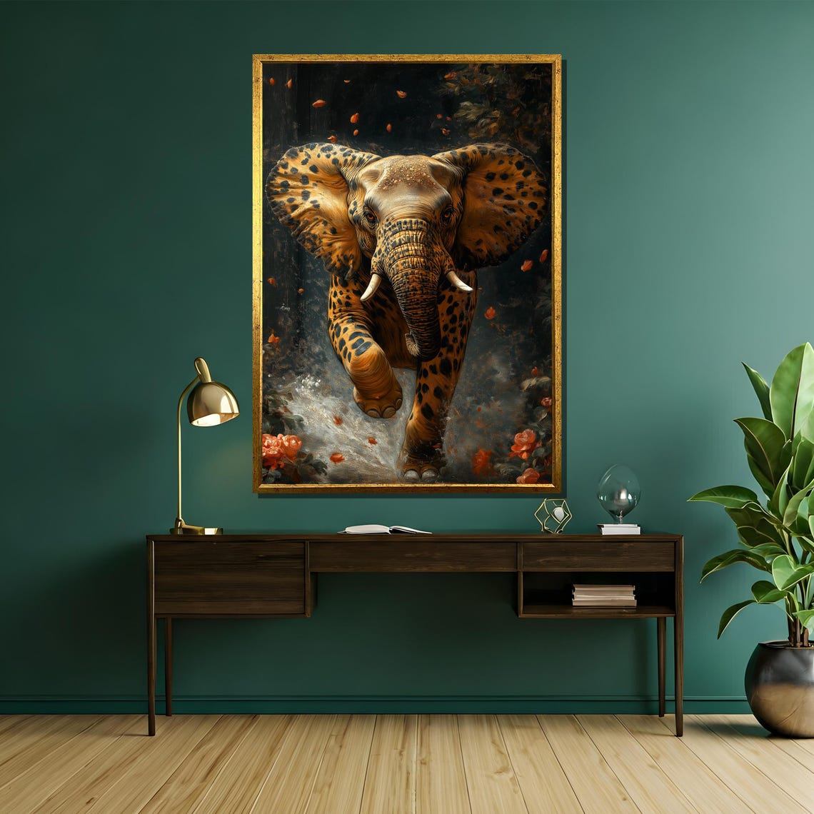 Spotted Giant Cheetah Patterned Elephant Walking in Jungle Poster - Image 5