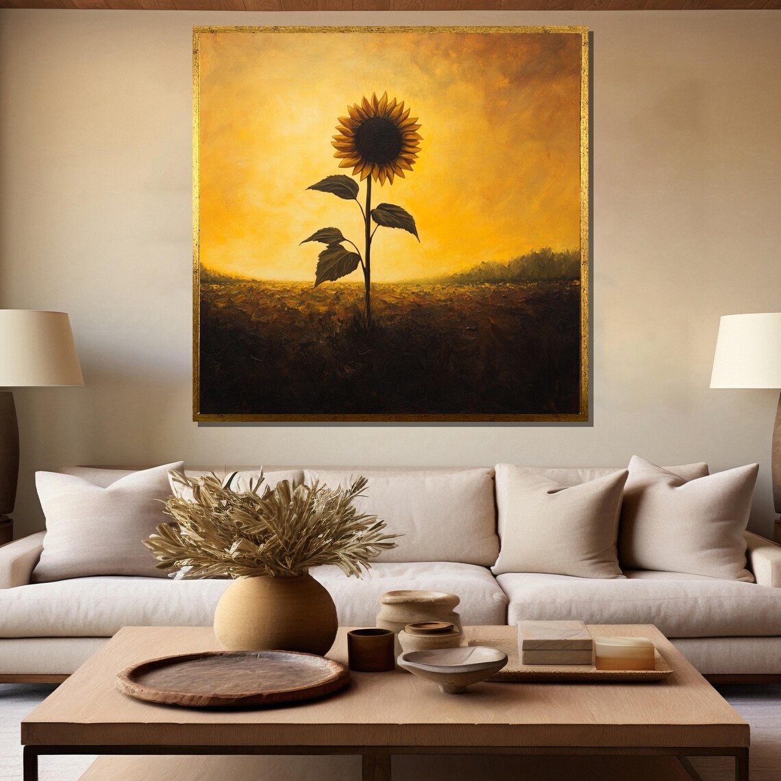 Solitary Sunflower At Golden Sunset Field Romantic Painting Poster - Image 5