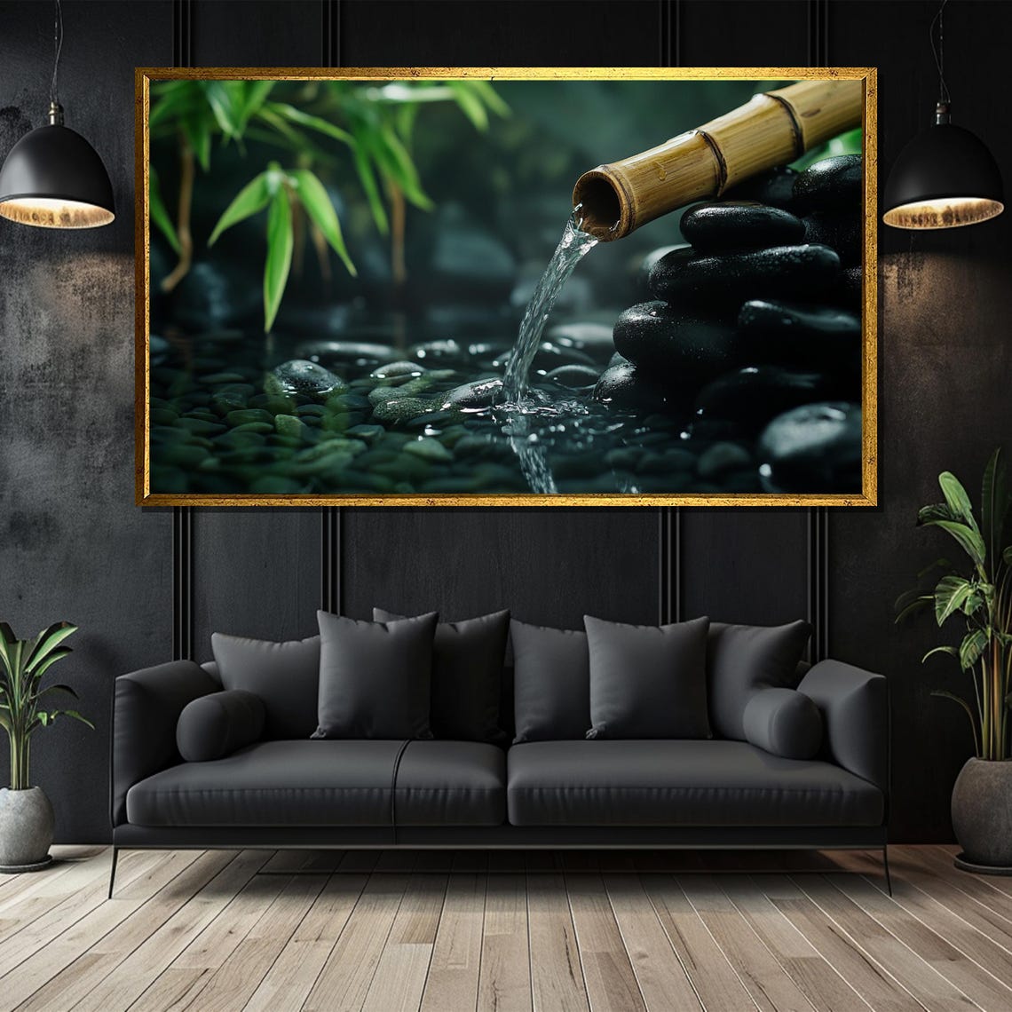 Bamboo Fountain Pouring Water Over Smooth Black Pebbles Poster