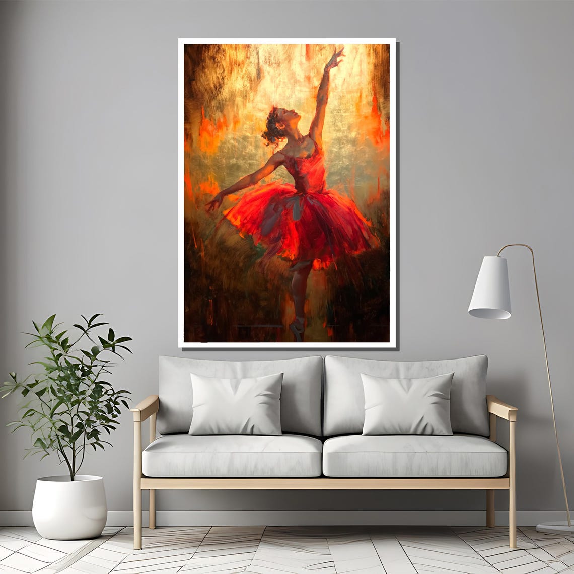 Glowing Red Ballerina in Golden Light Radiant Dance Art Poster - Image 2