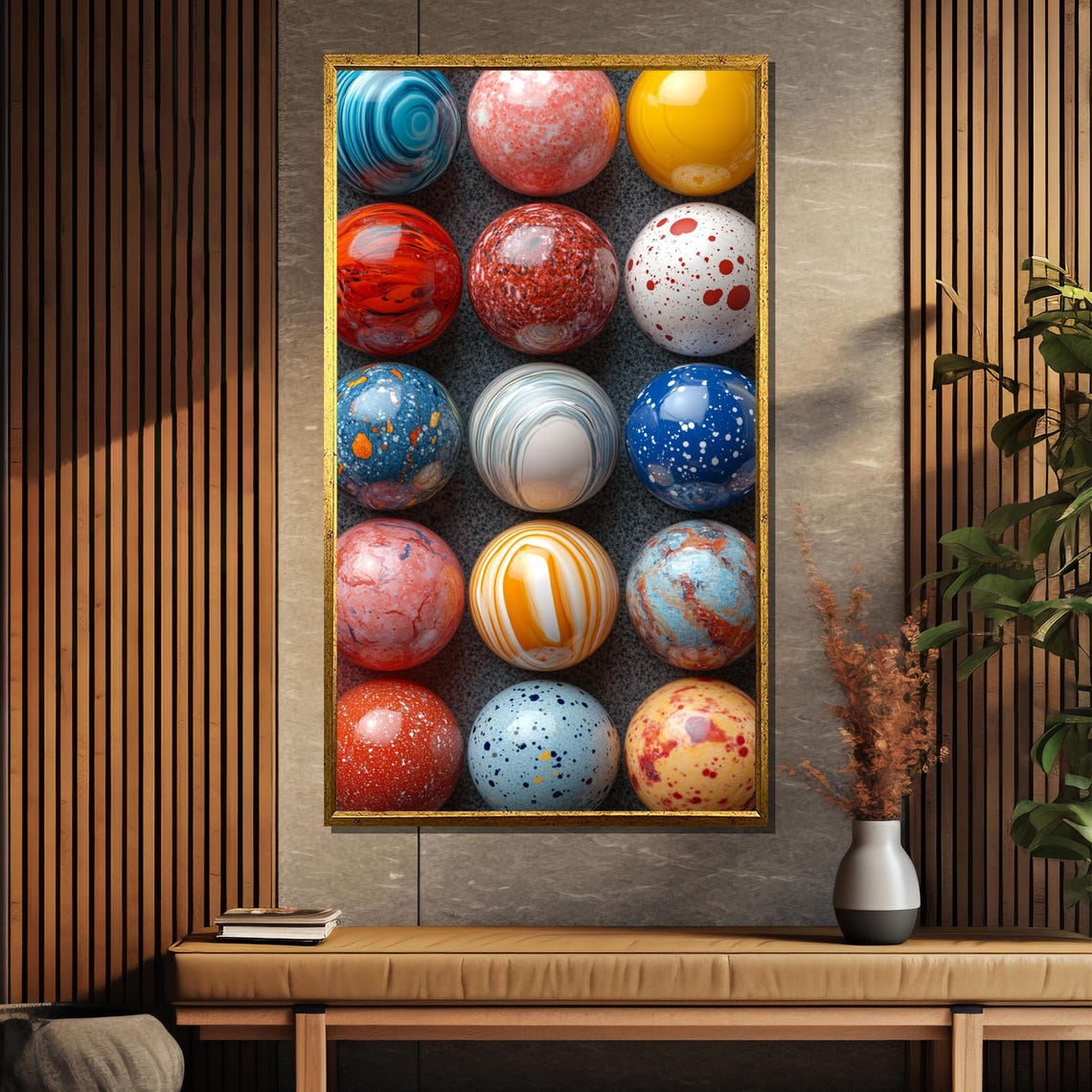 Fifteen Marbled Glass Spheres Arranged in a Grid Abstract Poster - Image 5