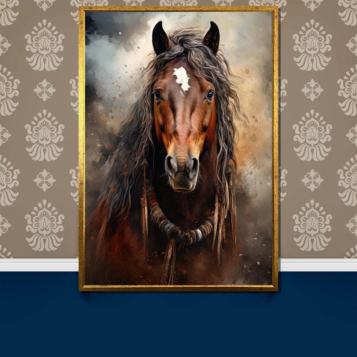 Brown Wild Horse With Long Mane In Rustic Earthy Tones Poster