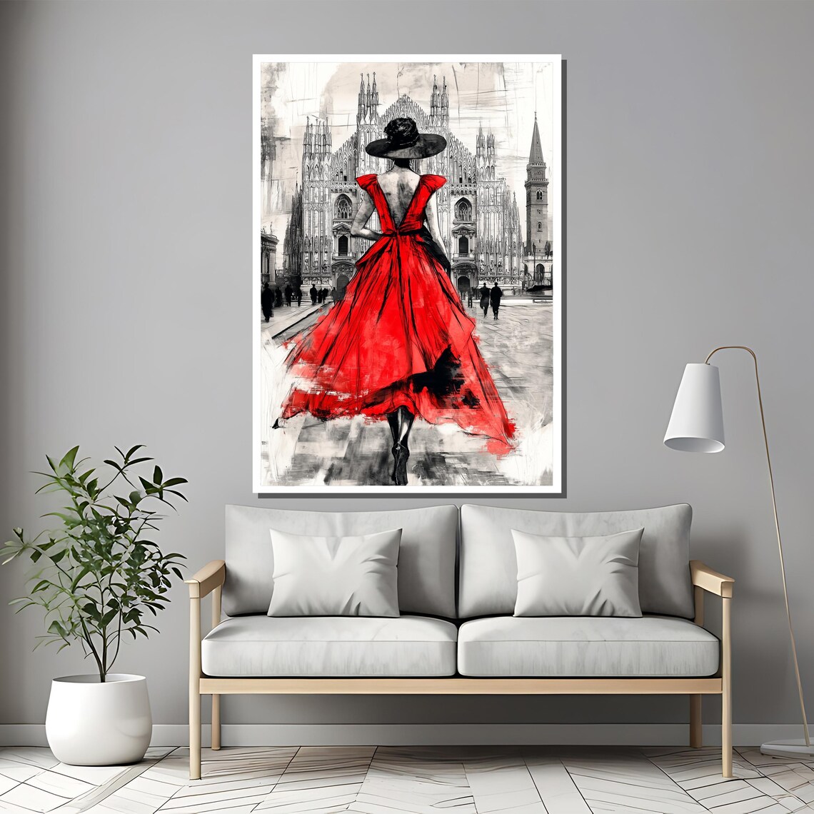 Elegant Lady in Flowing Red Dress Before a Gothic Cathedral Poster - Image 2