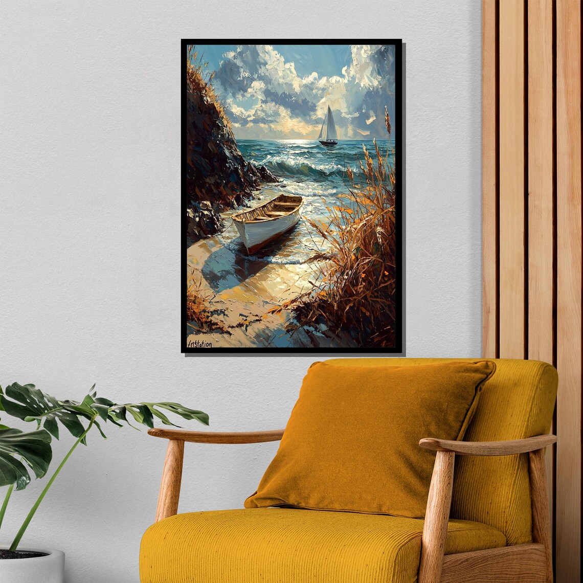 Rustic Rowboat by Ocean Shore, Nautical Wall Art Print - Image 4