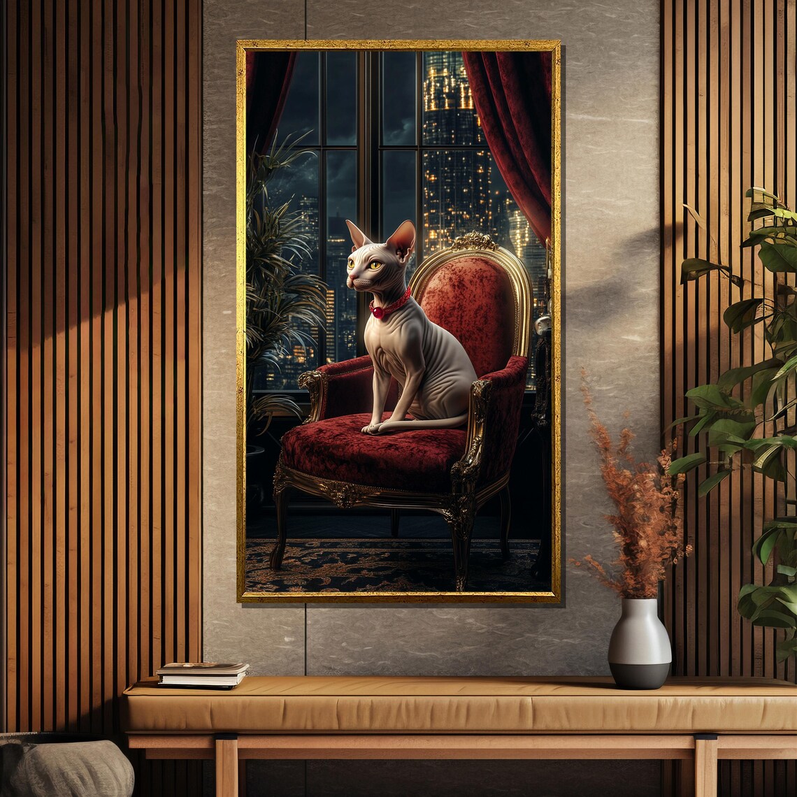 Throne Room Regal Sphynx Cat Overlooking Night City Skyline Poster - Image 5