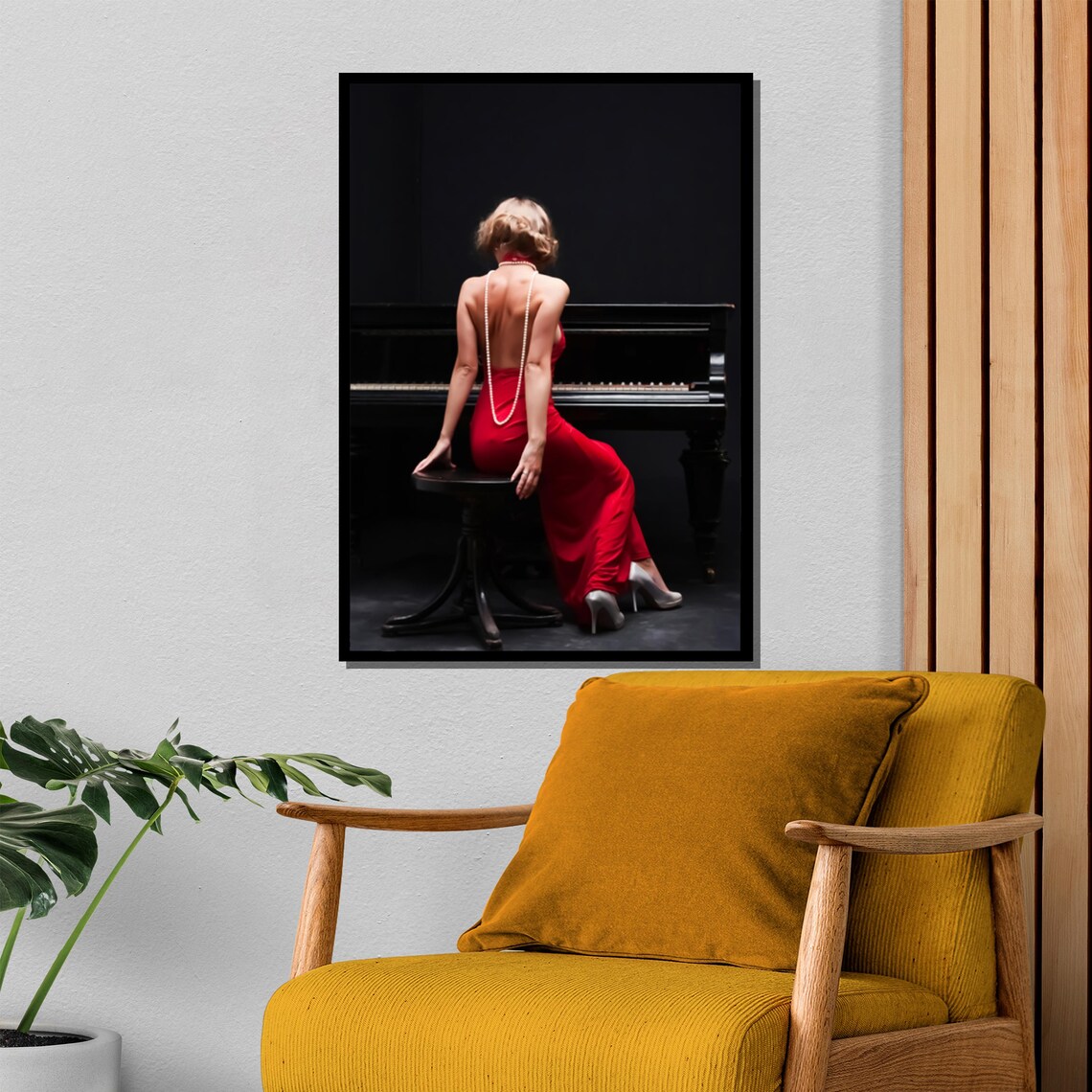 Woman in Red Backless Dress with Pearls at Piano Photo Poster - Image 4
