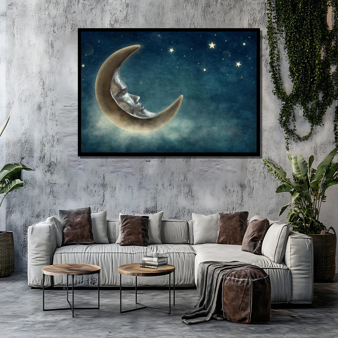 Vintage Crescent Moon Face Among Stars Celestial Night Sky Poster - Image 4