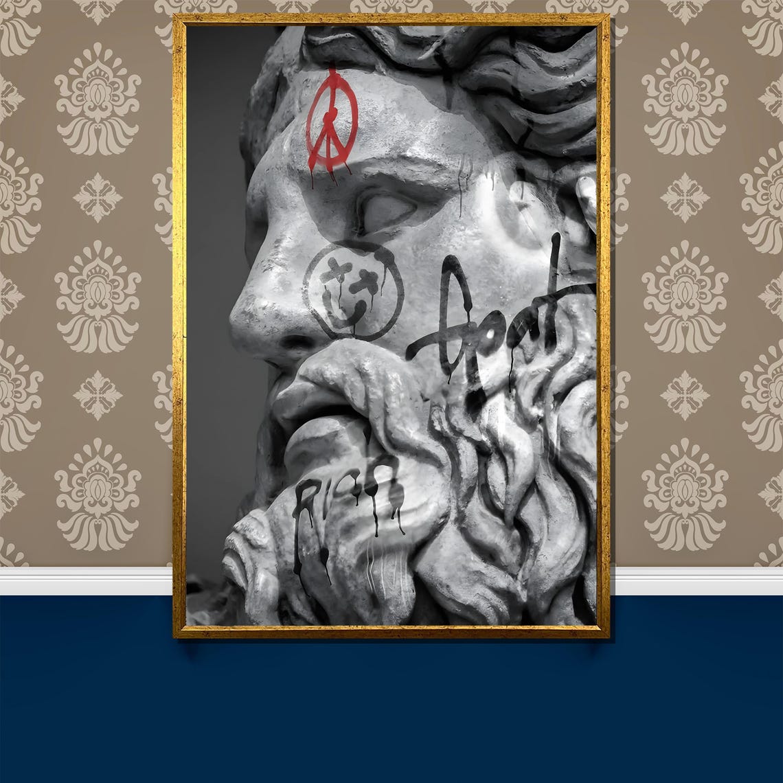 Bearded Statue Graffiti Peace Symbol Classical Art Rebellion Poster
