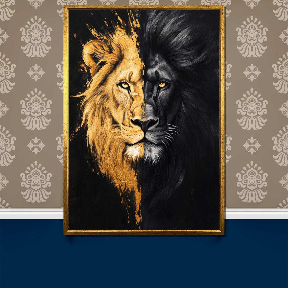 Lion Duality Gold and Black Split Face Dramatic Artwork Poster