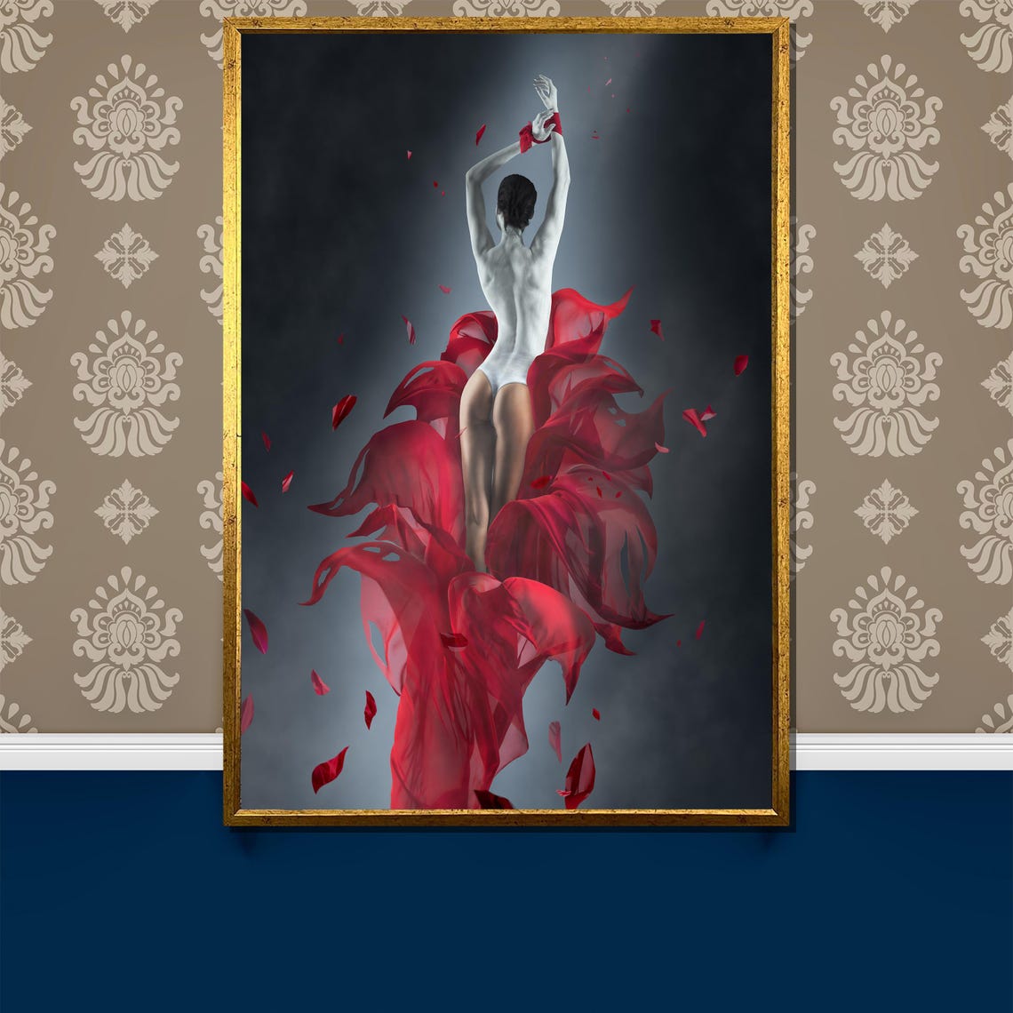 Red Silk Embrace Dancer in White Bodysuit Amid Petals Art Poster