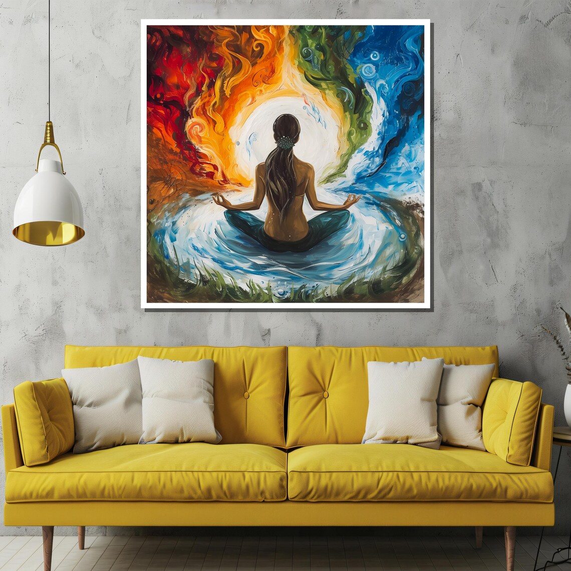 Meditating Woman Among Four Elements Fire and Water Art Poster - Image 2
