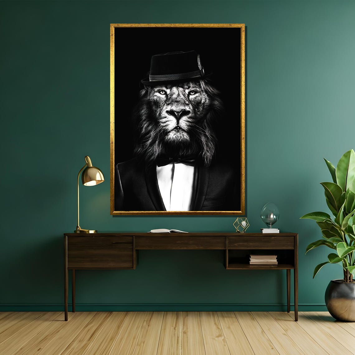 Lion in Top Hat Bow Tie Black White Dapper Animal Portrait Poster - Image 5