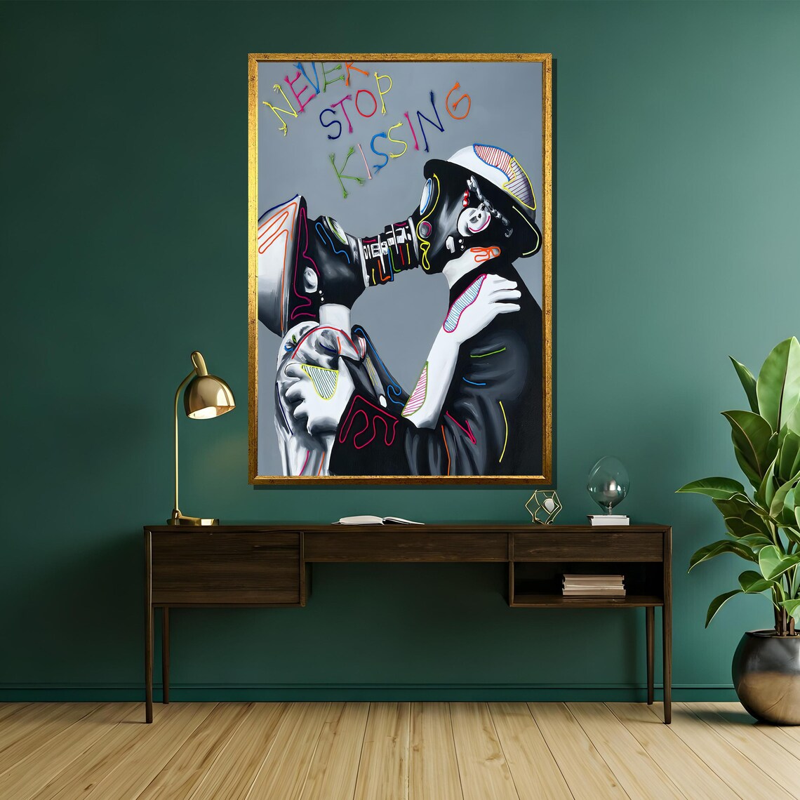 Never Stop Kissing Gas Mask Lovers Bold Neon Line Art Poster - Image 5