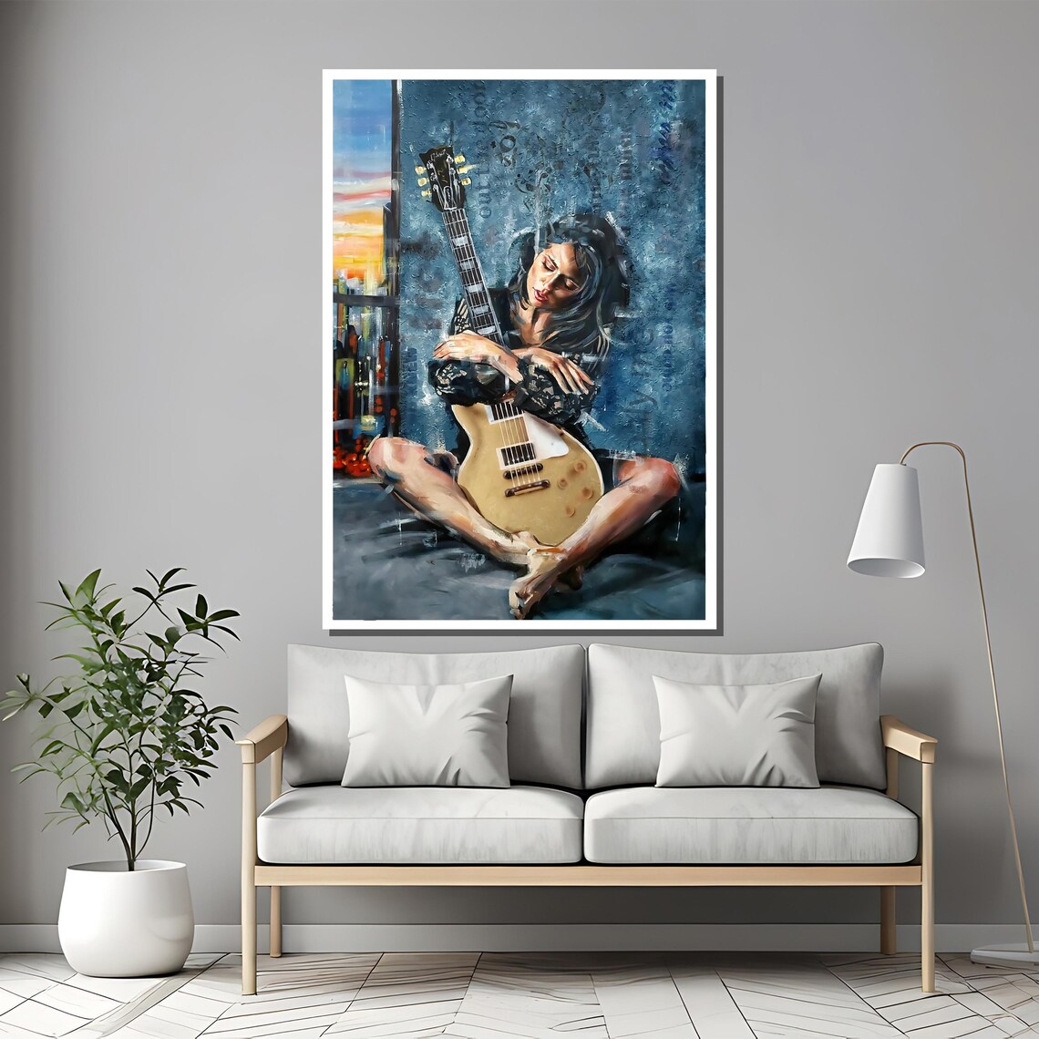 Melancholic Woman Embracing Electric Guitar Blue Painting Poster - Image 2