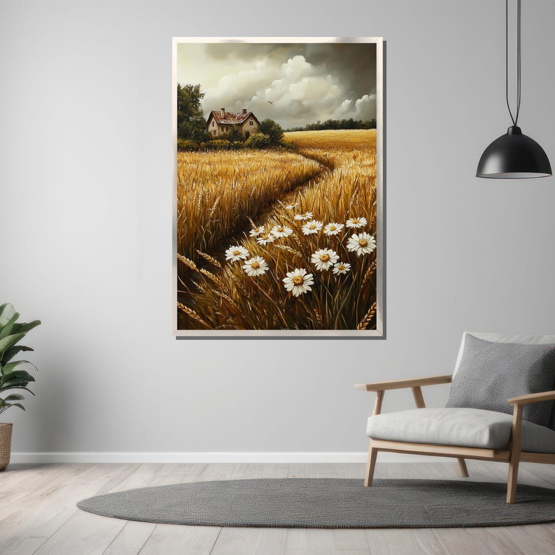 Golden Wheat Field Farmhouse Path with Daisies Painting Poster - Image 3
