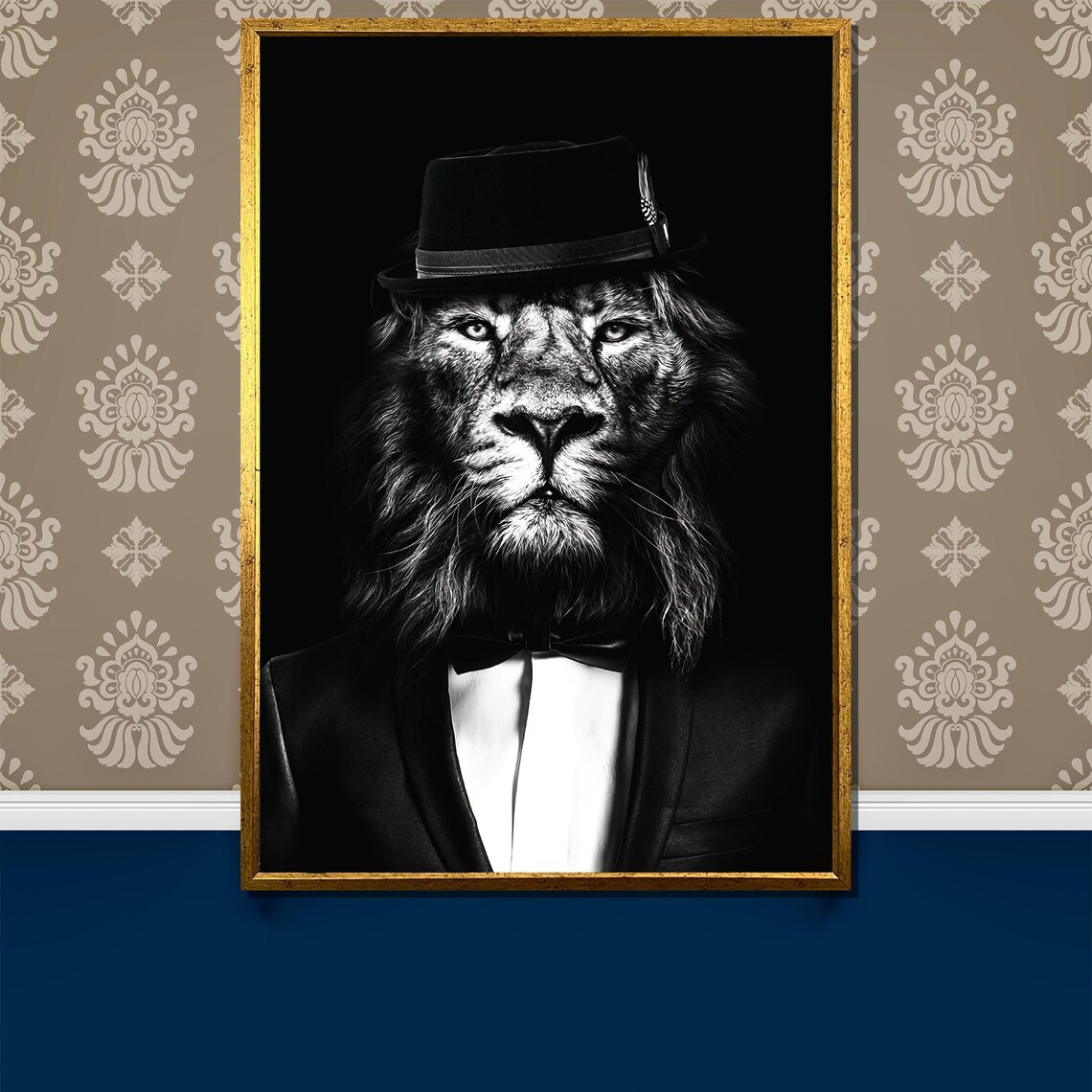Lion in Top Hat Bow Tie Black White Dapper Animal Portrait Poster