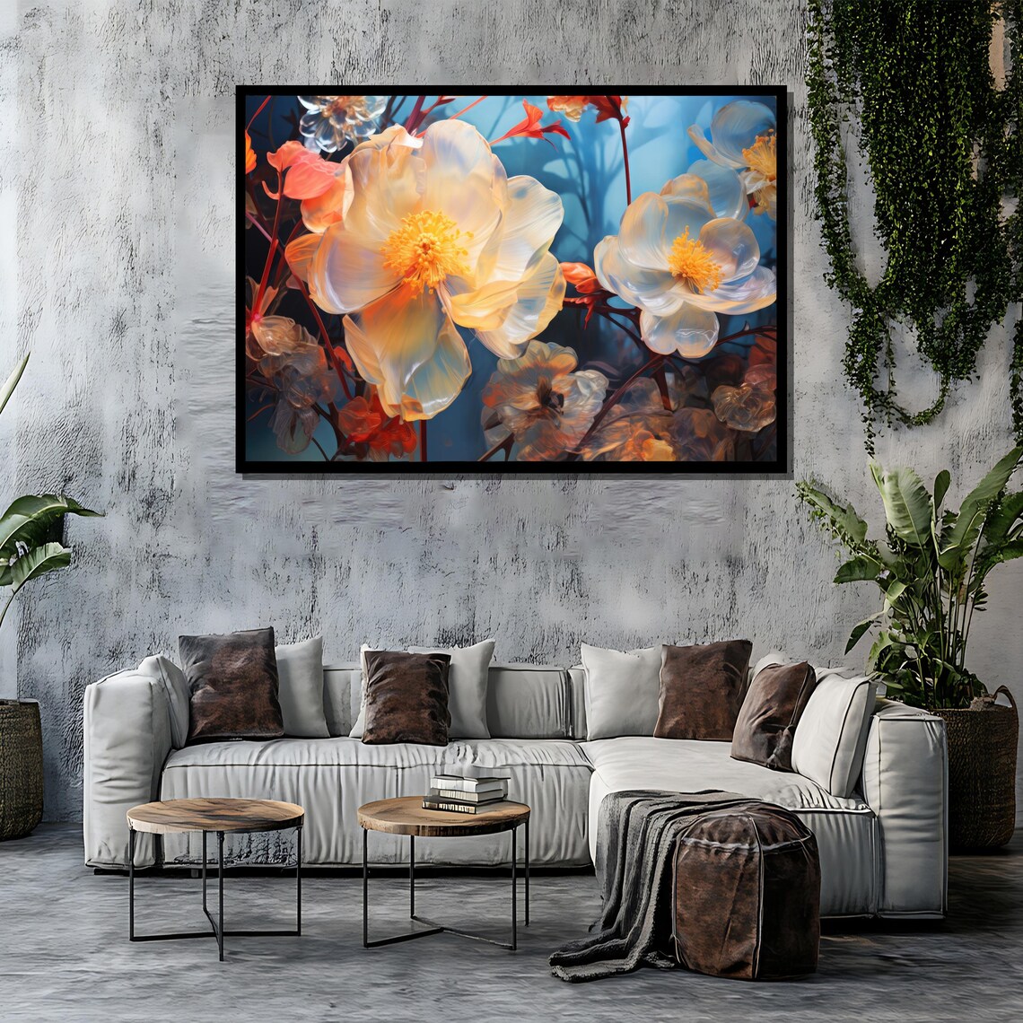 Dreamy Translucent White Blossoms On Blue Floral Painting Poster - Image 4