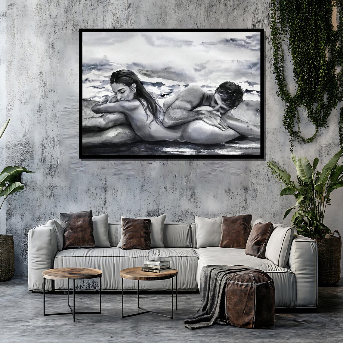 Black And White Couple Resting By The Ocean Shore Watercolor Poster - Image 4