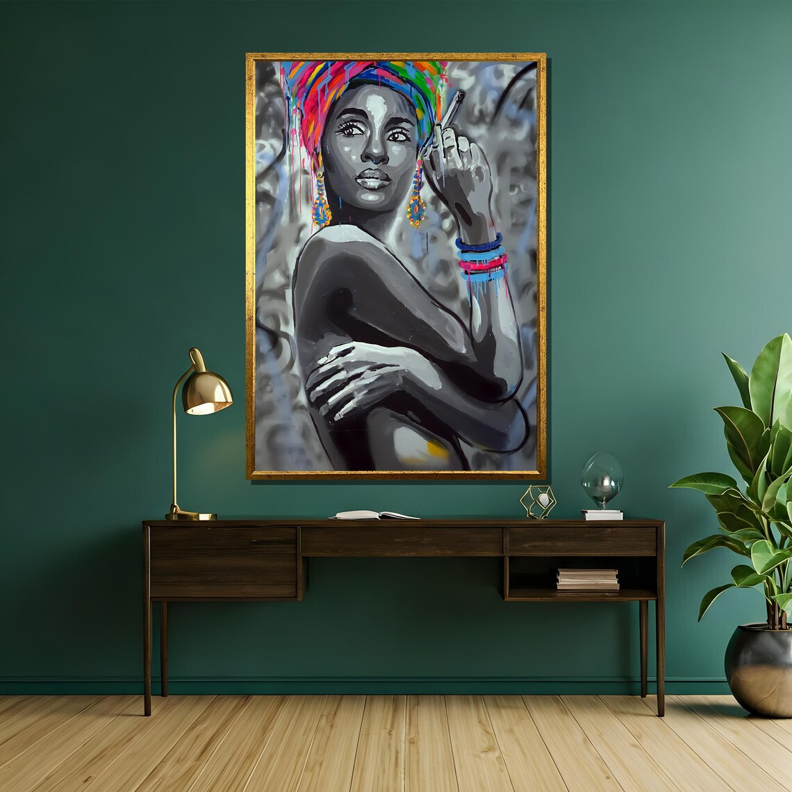 Monochrome Woman With Dripping Rainbow Headwrap Urban Art Poster - Image 5