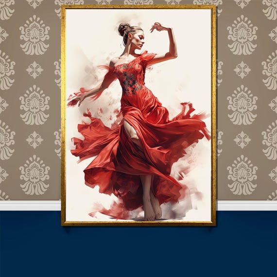 Elegant Flamenco Dancer Painting Vibrant Red Dress Art Gift For Passionate And Stylish Home Wall Decor