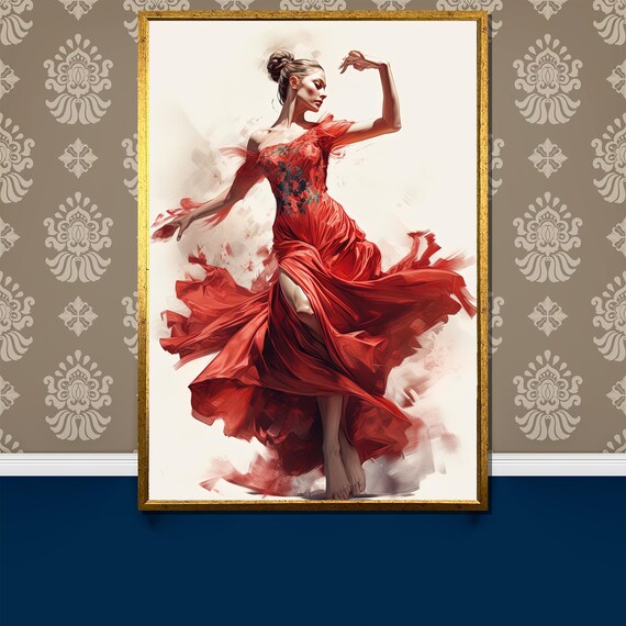 Flamenco Dancer In Flowing Red Dress Watercolor Dance Art Poster